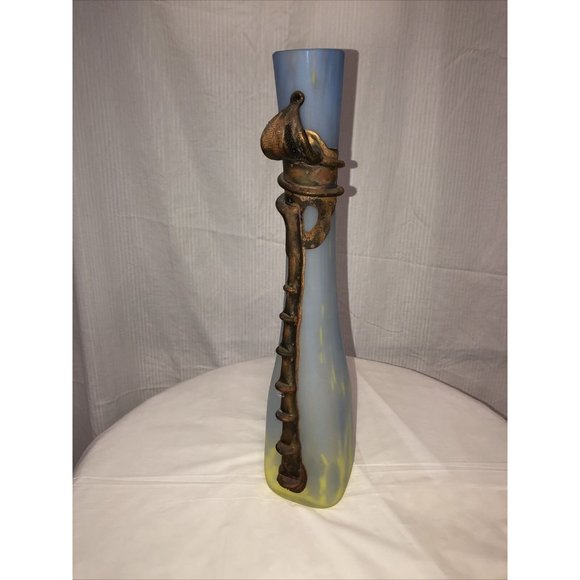 Handmade Blown Vase Engraved With Metal Blue Yellow Art Nouveau Style - Picture 8 of 9